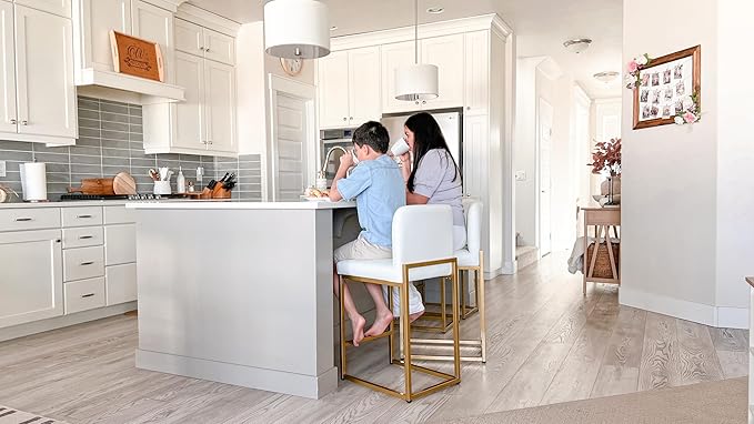 ALPHA HOME 24 Inch Bar Stools Set of 6, Kitchen Counter Stools with Backs, PU Leather Barstools, White Bar Stools with Upholstered Footrest, Sturdy Chromed Metal Steel Frame, White