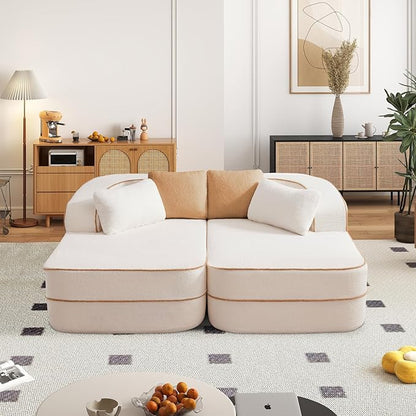 Cloud Sectional Sofa Modern Boneless Couch for Living Room, Comfy Deep Seat Comfy Teddy Fabric Double Sofa Chaise No Assembly Required (White, 77.2" Double Chaise Lounge)