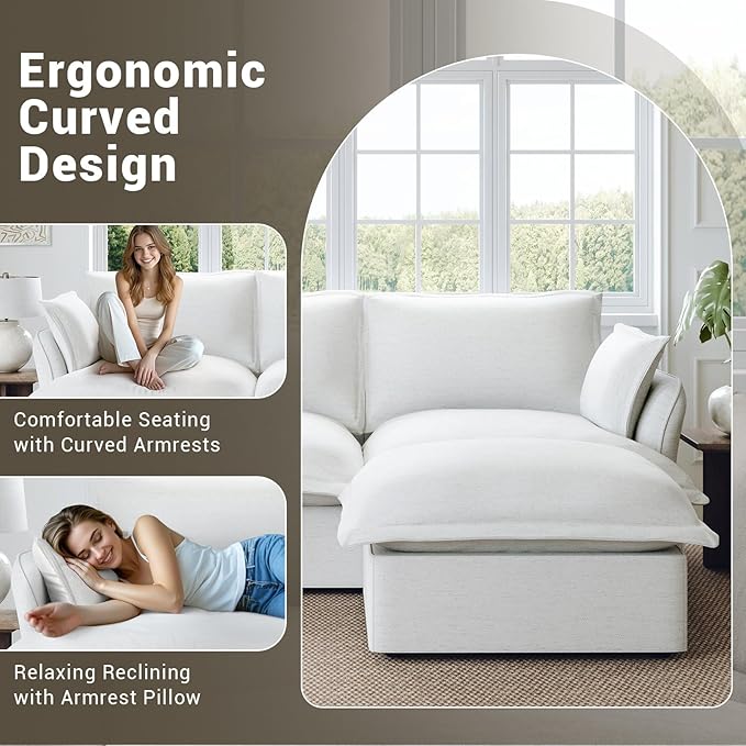 Cloud Sectional Sofa, Down Fill Cloud Couch, Convertible Modular Couch with Washable Cover, Movable Ottoman, Sectional Couches for Living Room, Bedroom, Small Apartments, Linen, Cream White