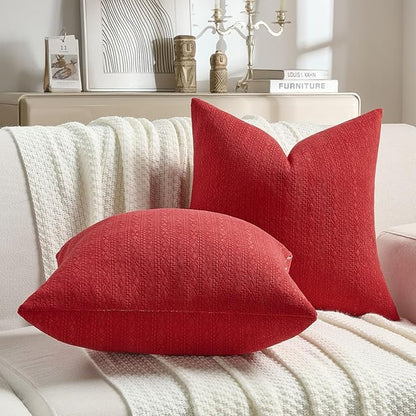 FUTEI Christmas Red Chenille Throw Pillow Covers 22x22 Inch Set of 2,Soft Striped & Diamond Textured Cushion Cases,Modern Home Decor for Couch Living Room