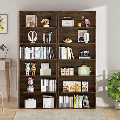 Vongrasig 6-Tier Open Bookcase and Bookshelf, Floor Standing Wood Display Storage Shelves 71 Inch Tall Bookcase Home Decor Furniture for Home Office, Living Room, Bed Room, Rustic Brown, 2 Pieces
