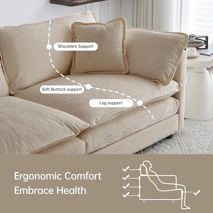 Modular Sectional Sofa, 146.5 Inch U-Shaped Cloud Sofa with Deep Seat Chenille Sofa with Cushions, Four Seater Sectional Sofa for Living Room Apartment,Light Coffee