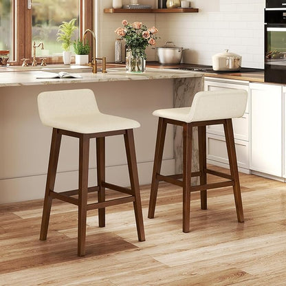 COSTWAY Wooden Bar Stools Set of 4, 29-inch Height Upholstered Padded Seat, Low Backrest, Footrest, Rubber Wood Legs, Armless Bar Chairs for Kitchen Counter Island, Dining Room, Brown+Beige