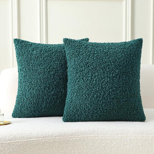 FUTEI Dark Green Throw Pillow Covers 26x26 Inch Set of 2,Furry Faux Fur Teddy Boucle Textured Cushion Covers,Soft Fluffy Decorative Euro Pillow Shams,Home Decor for Couch Bed Living Room Office Car