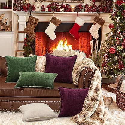 decorUhome Christmas Chenille Soft Throw Pillow Covers 16x16 Set of 2, Farmhouse Velvet Neutral Decorative Euro Pillow Covers with Stitched Edge for Couch Sofa Bed Home Decor, Rhododendron