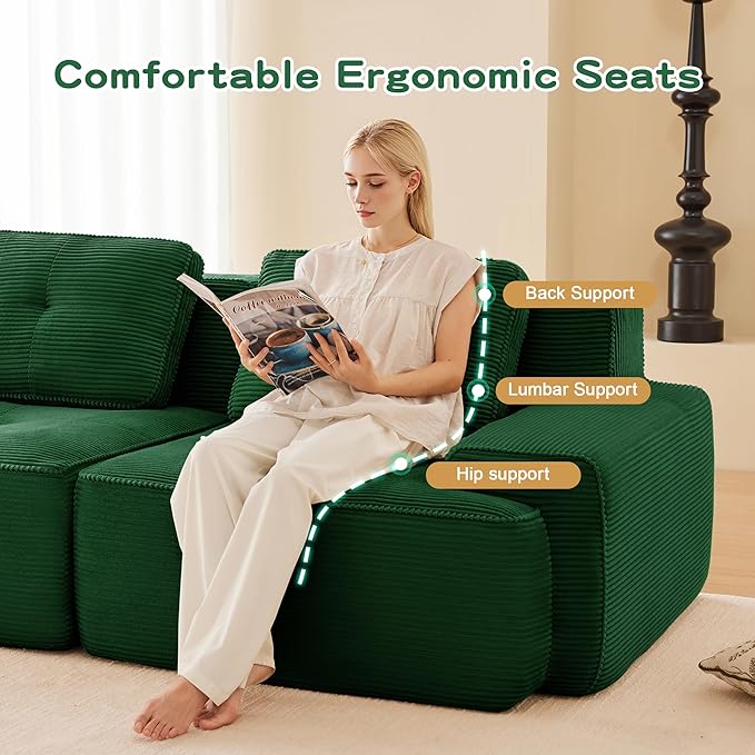 150.4” Green Boneless Couches for Living Room, Modular Sectional Sofa with L-Shape Chaise, 4 Seater Comfy Upholstered Deep Seat Corduroy Fabric Cloud Couch No Assembly, Anti-Slip Design