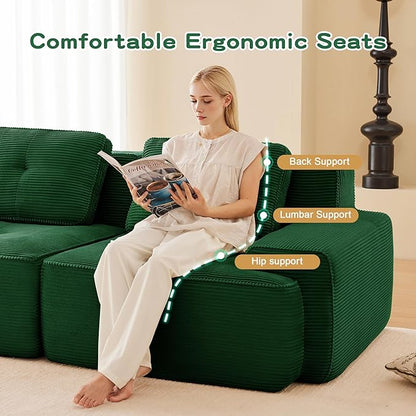 115.3” Green Boneless Couches for Living Room, Modular Sectional Sofa with L-Shape Chaise, 3 Seater Comfy Upholstered Deep Seat Corduroy Fabric Cloud Couch No Assembly, Anti-Slip Design