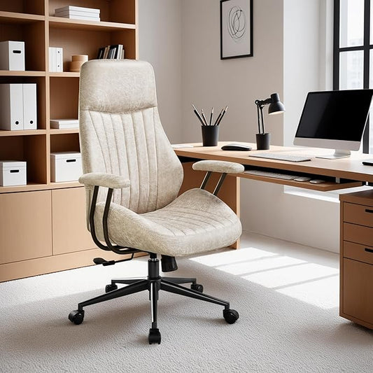 ovios Home Office Ergonomic Chair, Mid-Century Modern Luxury Faux Suede Leather Chairs, Comfy High Back Computer Swivel Rolling Task Armchair for Executive, Beige
