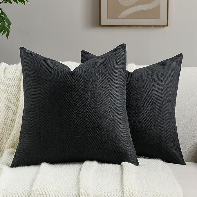 FUTEI Black Chenille Throw Pillow Covers 22x22 Inch Set of 2,Soft Wide Chevron Textured Cushion Case,Farmhouse Home Decor for Couch Bed Living Room