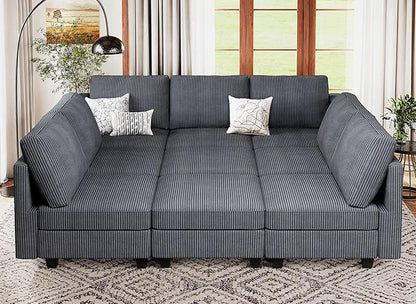 Belffin Corduroy Modular Sectional Sofa 9 Seat Convertible Sectional Sleeper Sofa Bed with Storage Ottomans Modular Sectional Couch Bed for Living Room Dark Grey