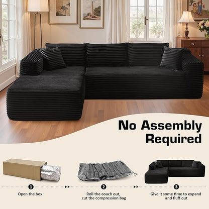 106" Cloud Sectional Couch with Chaise Lounge,L Shaped Modular Modern Sofa,Comfy Corduroy Fluffy Sofa with Deep Seat,No Assembly Required Couch for Living Room(Left,Plush Corduroy,Black)