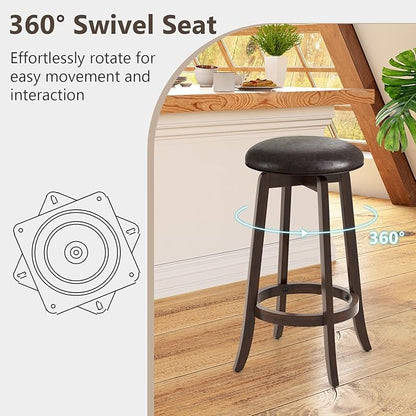 COSTWAY 29-Inch Swivel Bar Stools Set of 2, Upholstered Barstools w/PU Leather Seat & Solid Rubber Wood Legs, Mid-Century Backless Round Bar Height Stools w/Footrest for Kitchen Home Bar