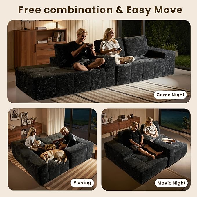 114" Glitter Cloud Sectional Couch with L-Shape Chaise, Modern Boneless Couches for Living Room, Fluffy Tufted Deep Seat Modular Sofa in a Box No Assembly