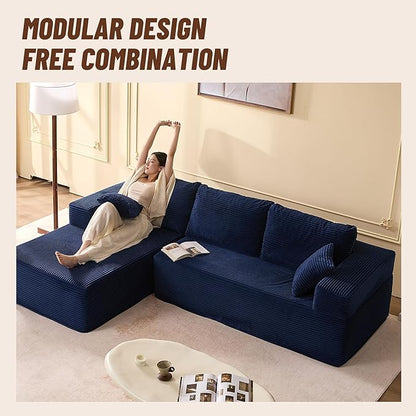 107" Boneless Couch with Deep Seat, Modular Sectional Sofa, Cloud Sectional Couch for Living Room, No Assembly Required, Corduroy, L-Shape Left，Blue