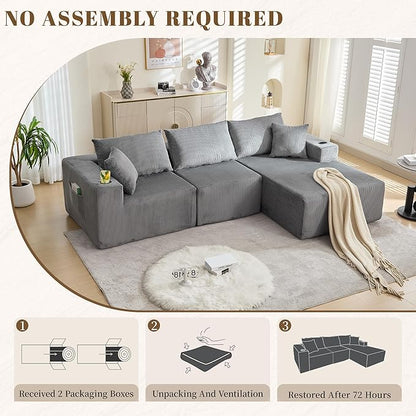 107" Cloud Sectional Couch, Modular Sectional Sofa with L-Shape Chaise, Corduroy Boneless Couch with Deep Seat, Upholstered Sofa for Living Room, No Assembly Required(Right-Facing Chaise, Dark Grey)
