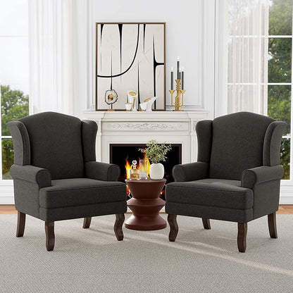 Accent Chair, High Back Upholstered Armchair with High Resilience Sponge & Wood Legs, Mid-Century Modern Comfy Single Sofa Reading Chairs for Living Room, Bedroom (Dark Grey, Set of 1)
