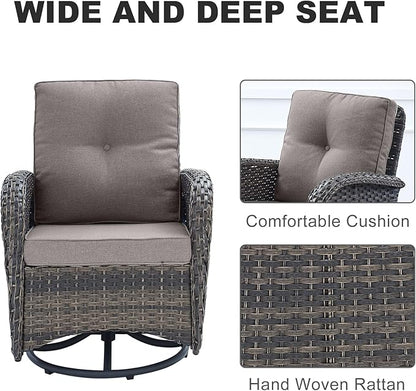 HUMMUH 5 Pieces Wicker Patio Furniture Set,Outdoor Swivel Gliders Rocker,Patio Ottomans,Glass Top Side Table,Outdoor Conversation Set for Porch Deck Backyard Poolside