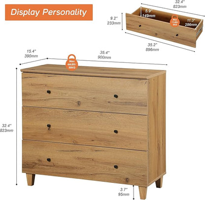 WAMPAT 3-Drawer Kids Dresser for Bedroom, Modern Small Chest of Drawers with Black Knobs, 35 Inch Wide Oak Brown Wood Children Dresser for Baby Room, Nursery, Living Room
