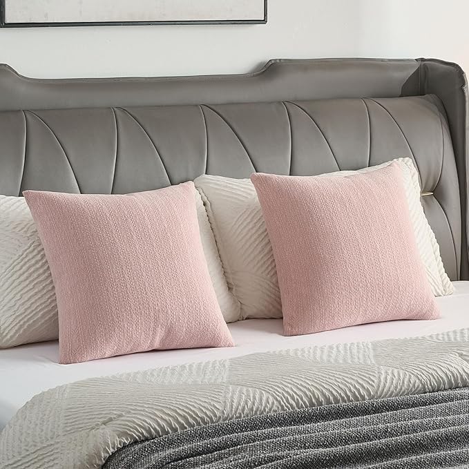 FUTEI Pink Chenille Throw Pillow Covers 12x20 Inch Set of 2,Soft Striped & Diamond Textured Lumbar Pillow Cases,Modern Home Decor for Couch Living Room