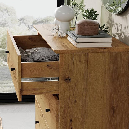 WAMPAT 3-Drawer Kids Dresser for Bedroom, Modern Small Chest of Drawers with Black Knobs, 35 Inch Wide Oak Brown Wood Children Dresser for Baby Room, Nursery, Living Room
