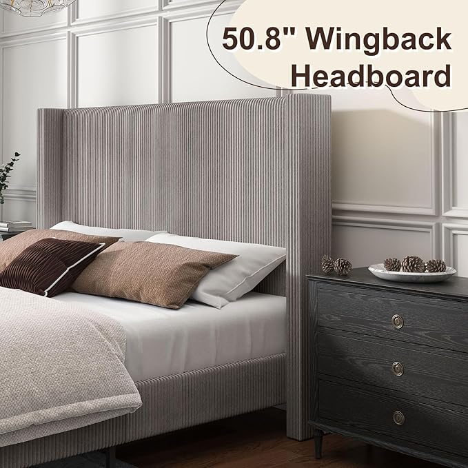 HOWE Queen Size Upholstered Platform Bed Frame, Wingback Bed with 50.8" Headboard, Corduroy/Solid Wood Leg/No Box Spring Needed/Noise Free/Taupe
