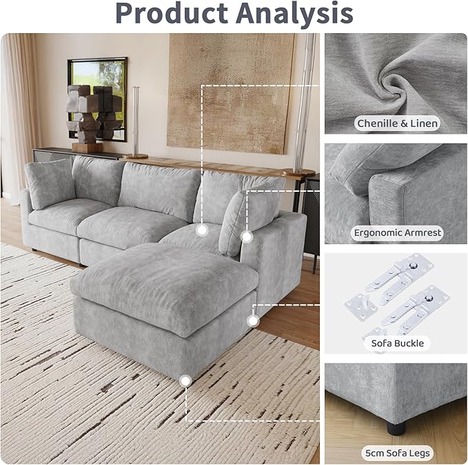 WJShome Cloud Couch Modular Sectional Sofa,67" L Shaped Couch, Convertible Wide Seater, 2 Seater+Ottoman for Living Room Set,Covers Washable&Replaceable,Gray