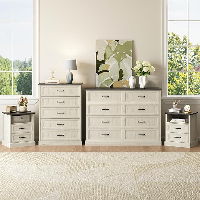 CARPETNAL Farmhouse Dresser and Nightstand Sets for Bedroom, 4 Pcs Bedroom Set, 5 Drawer & 8 Drawer Dresser and Nightstand Set of 2, Wood Chest of Drawers for Living Room, Entryway, White