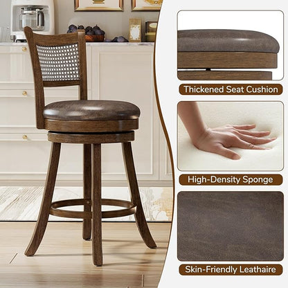 COSTWAY 25” Swivel Counter Height Barstools Set of 2, Rubber Wood Bar Stools with Rattan Backrest, Footrest, Upholstered Leathaire Armless Chairs for Kitchen Island, Pub, Brown (2, 25” Seat Height)