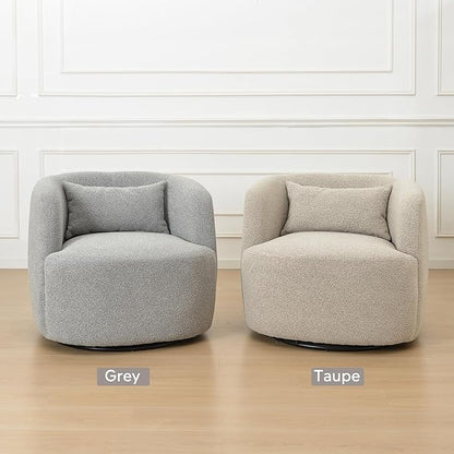 KINWELL 34" Wide Sherpa Swivel Barrel Chairs Set of 2, No Assembly Round Boucle Upholstered Accent Chairs Armchairs Single Sofa Chair with Toss Pillow for Living Room and Bedroom, Gray