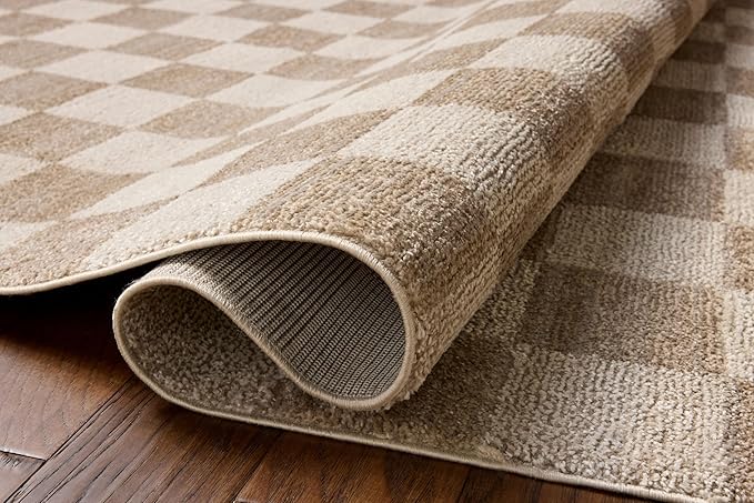 Loloi Chris Loves Julia Calvin Collection CLV-01 Pebble/Ivory 7'-10" x 7'-10" Round Area Rug Checkered Neutral Soft Living Room Bedroom Carpet
