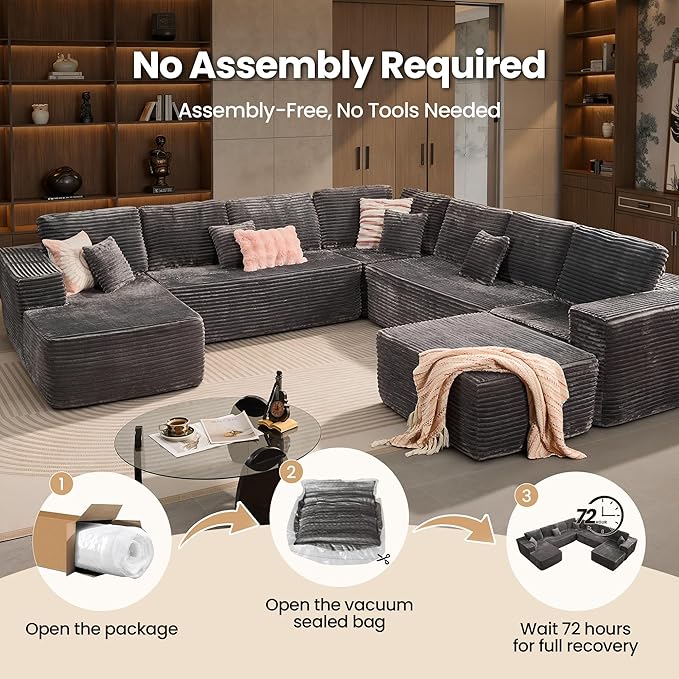 Cloud Sectional Couch with Chaise, Boneless U-Shaped Cloud Couch with Deep Seat, Soft Plush Modern Minimalist Sofa, Assembly Free Modular Floor Sofa for Office Living Room Apartment, Grey