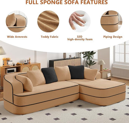 Cloud Sectional Sofa Modern Boneless Couch for Living Room, Comfy Deep Seat Comfy Teddy Fabric Double Sofa Chaise No Assembly Required (Camel, 106" L Shape with Right Facing)