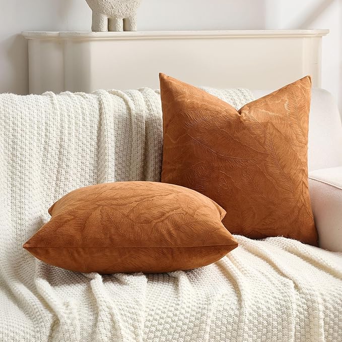 FUTEI Rust Velvet Throw Pillow Covers 26x26 Inch Set of 2,Soft Embossed Leaf-Relief Textured Euro Pillow Shams,Natural Home Decor for Couch Living Room