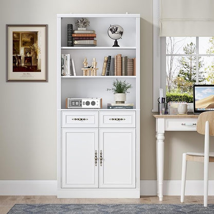 71.4" Tall Bookshelf with Drawers & Cabinet, 5-Tier Floor Standing Bookcase with Storage Doors, Adjustable Shelves & Metal Handles, 31.5" Wide Organizer for Home Office, Living Room