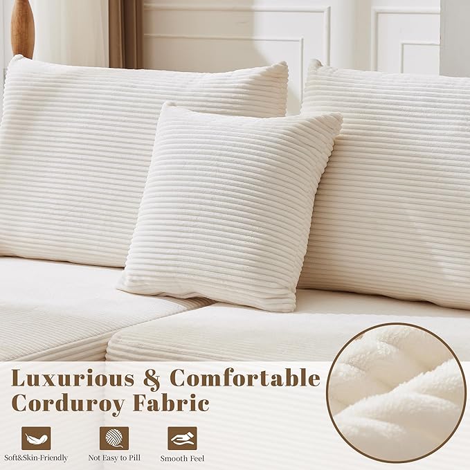 107" Cloud Sectional Couch, Modular Sectional Sofa with L-Shape Chaise, Corduroy Boneless Couch with Deep Seat, Upholstered Sofa for Living Room, No Assembly Required(Left-Facing Chaise, White)