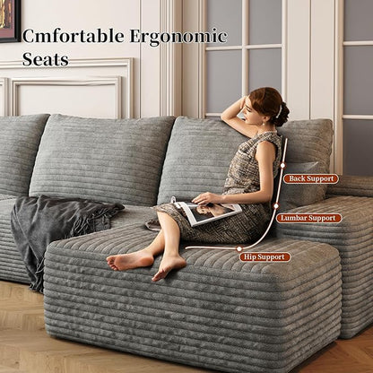 135.4" Large Cloud Modular Sectional Couch with Ottoman, Minimalist Upholstered Couches, Comfort U Shaped Sofa for Living Room,Deep Seat Corner Couch，No Assembly Required (Grey,Left Facing Chaise)