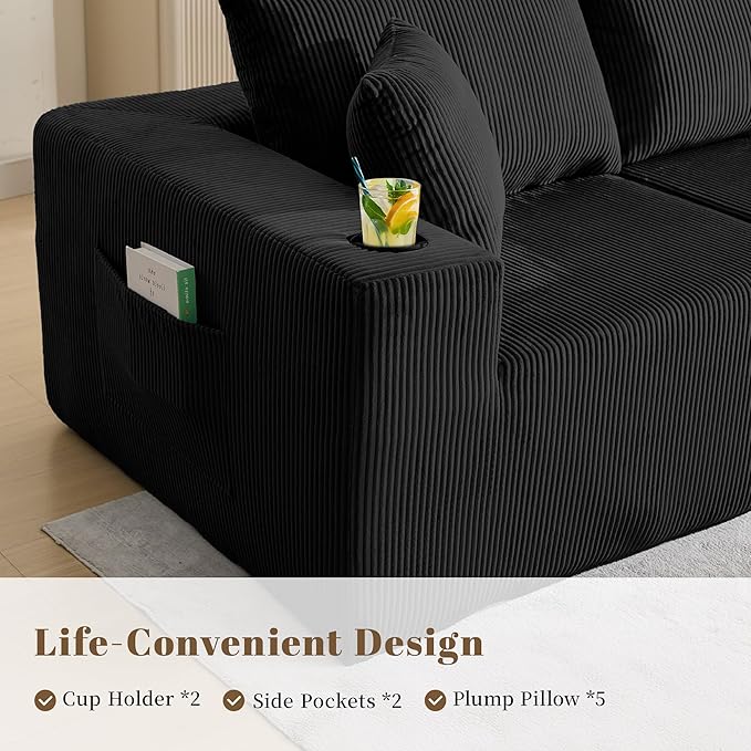 107" Cloud Sectional Couch, Modular Sectional Sofa with L-Shape Chaise, Corduroy Boneless Couch with Deep Seat, Upholstered Sofa for Living Room, No Assembly Required(Right-Facing Chaise, Black)
