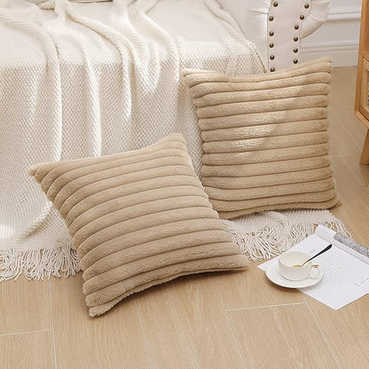 Pallene Faux Fur Plush Throw Pillow Covers 20x20 Set of 2, Luxury Soft Fluffy Striped Decorative Pillow Covers for Sofa, Couch, Living Room, Khaki