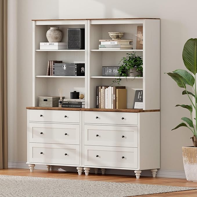 3 Tier Bookshelf with 3 Drawers, 72" Tall Bookcase Large Farmhouse Display Book Case Shelf with 3-Tier Open Book Shelfs，Library Wood Bookshelves for Living Room & Kitchen & Bedroom, Off White, 2 PCS