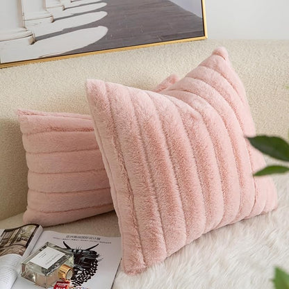 Pack of 2 Faux Fur Throw Pillow Covers 16x16 Inch Striped Decorative Soft Plush Couch Pillow Case Home Decor for Bed, Sofa, Living Room Pink