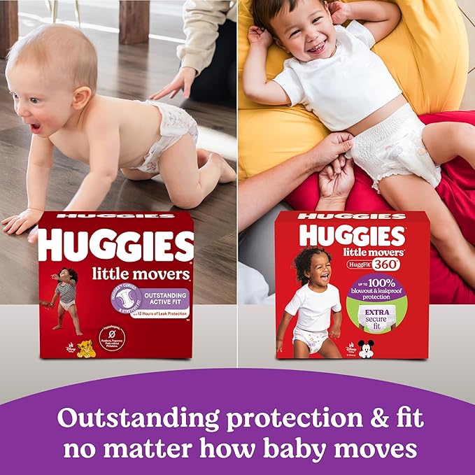 Huggies Size 3 Baby Diapers, Little Movers HuggFit 360° Baby Diapers with 360° Waistband, Size 3 (16-28 lbs), 26 Count, Packaging May Vary