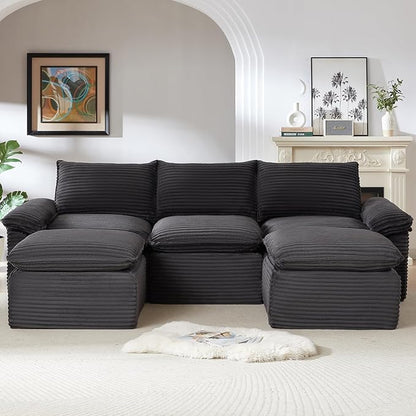 113.03" Sectional Couches for Living Room Modern Modular Sofa with U-Shape Couchs Upholstered Corduroy Boneless Couch Deep Seat Cloud Couch with Ottoman, No Assembly Required, Dark Gray