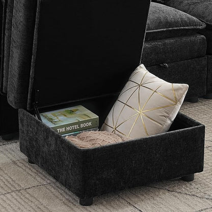 80" Cloud Modular 3 Seater Sofa with Storage Ottoman, Modern Upholstered Storage Sofa Couch Deep Seat, L Shape Sectional Sofa Chenille Comfy Couch with Armrests for Living Room, Small Space, Black