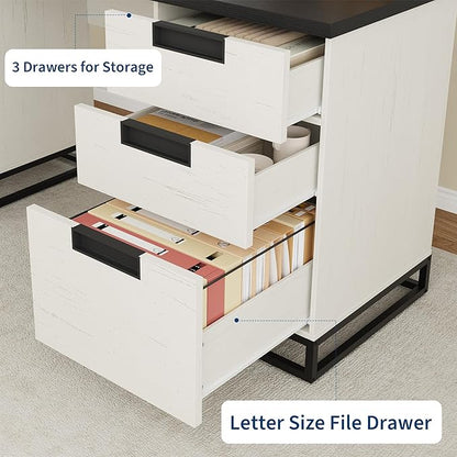 GAOMON Farmhouse Executive Desk, 59 Inch Computer Desk, White Home Office Desks with File Drawer and Storage Cabinet, Wood Writing Desks for Bedroom, Home Office, White+Black