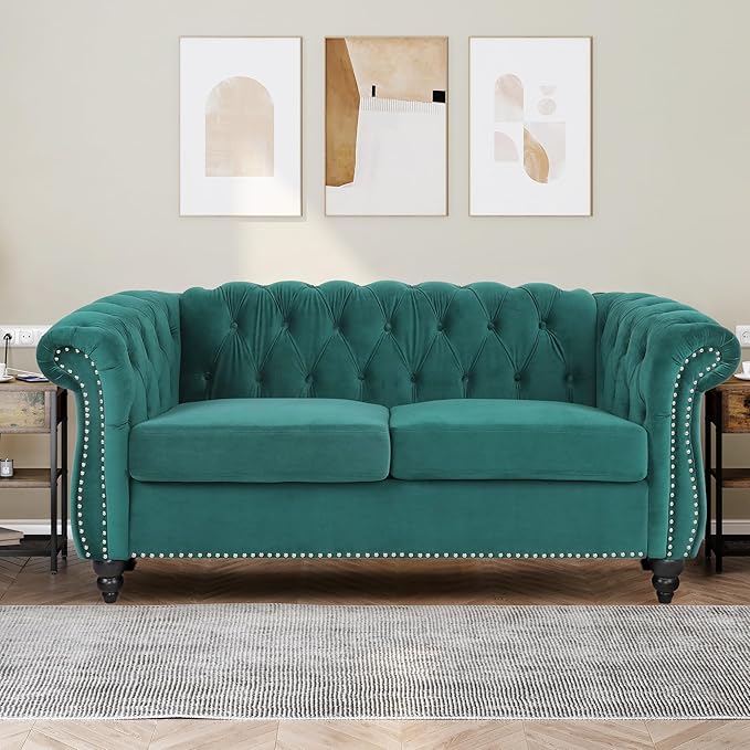 Chesterfield Loveseat Sofa, Modern Velvet Small Sofa Couch 2 Seater with Rolled Arms and Nailhead, Mid Century Modern Loveseat Couch for Small Spaces Living Room Bedroom Apartment, Green