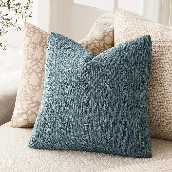 Foindtower Pack of 2 Textured Boucle Throw Pillow Covers Accent Solid Decorative Pillow Cases Cozy Woven Couch Cushion Case for Sofa Bedroom Living Room Home Decor 20x20 Inch Misty Blue
