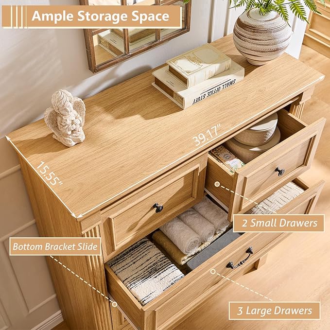 5 Drawers Dresser for Bedroom, Farmhouse 46" Tall Dressers & Chests of Drawers w/Roman Column, Wood Rustic Closet Dresser w/Two Different Drawer Sizes for Bedroom, Living Room, Natrual