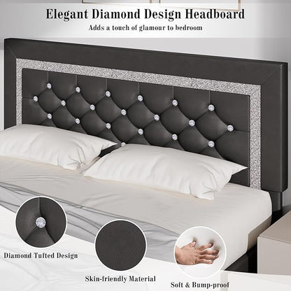 BarnFurin Full Bed Frame with Diamond Tufted Headboard, Faux Leather Upholstered Bed with Wooden Slats Support, No Box Spring Needed, Mattress Foundation, Easy Assembly, Gray