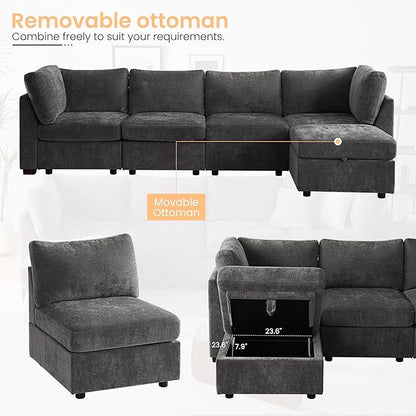 TEKAMON 96" Modular Sectional Sofa,Large Comfy Cloud 3-Seat Deep Seat, Reversible Chaise Modular Sectional Couches for Living Room and Apartmenr,Grey