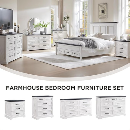 ACCOHOHO Farmhouse 6 Drawer Dresser for Bedroom, 52 Inch Wide Modern Dresser TV Stand with Large Drawers & Bar Handles, Rustic Wood Chest of Drawers for Bedroom, Living Room, Hallway, Off White
